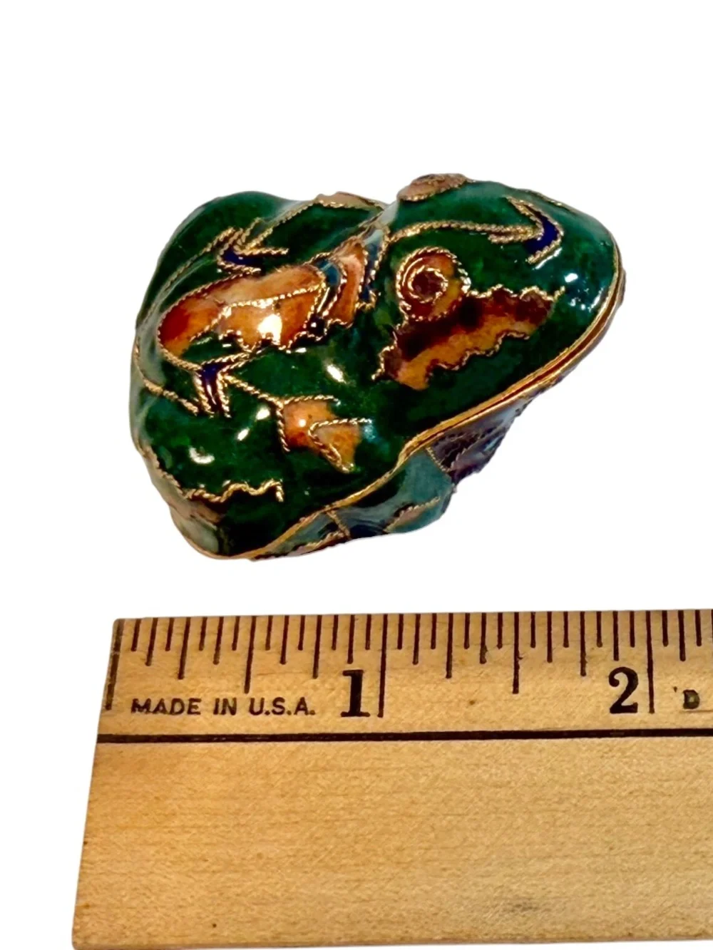 Vintage Cloisonne Green Enamel Frog Trinket Box, Blue Flower on Underside